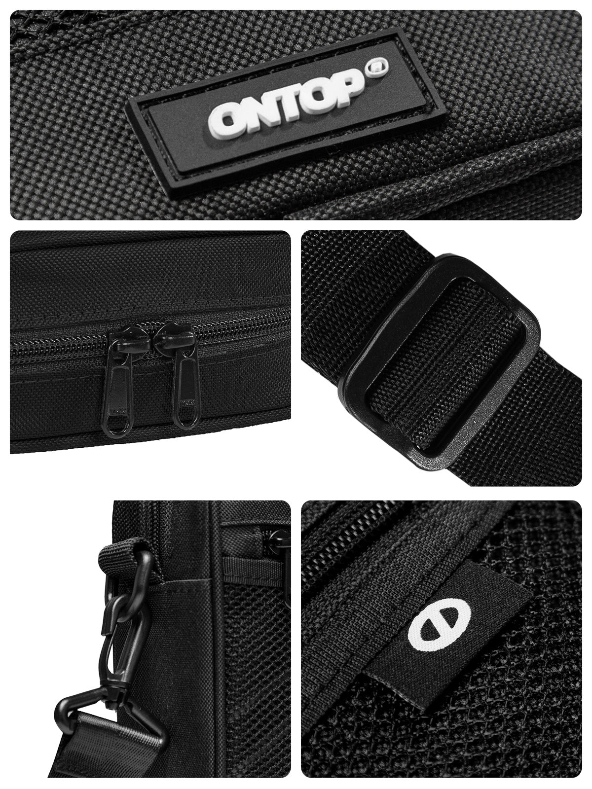 Collage of black bag details with 'ONTOP' branding