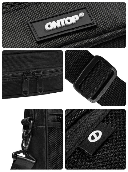 Collage of black bag details with 'ONTOP' branding