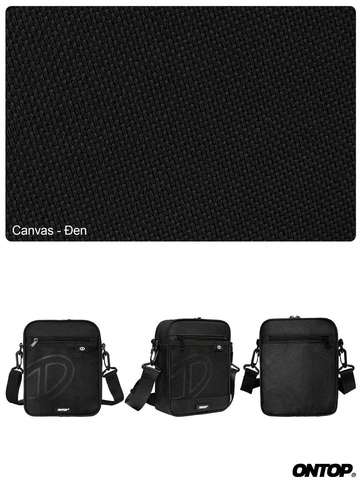 Black textured mat with three black bags displayed below on a white background.
