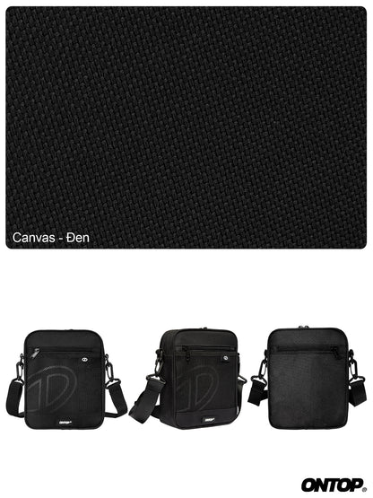 Black textured mat with three black bags displayed below on a white background.