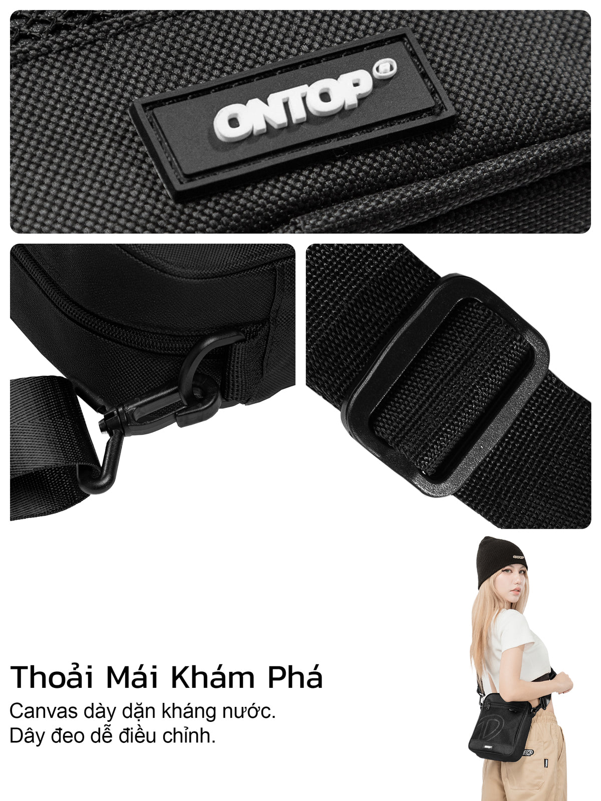 Black waist bag with 'ONTOP' branding, featuring a strap and a person wearing it.