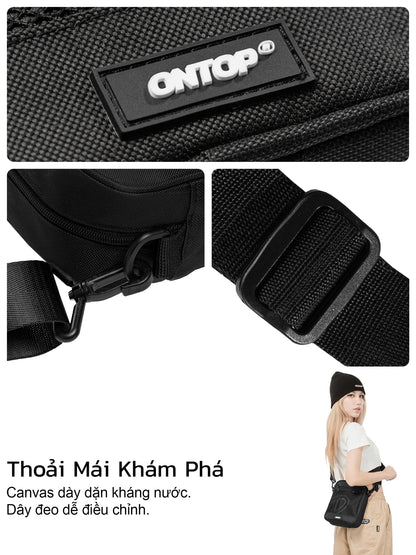 Black waist bag with 'ONTOP' branding, featuring a strap and a person wearing it.