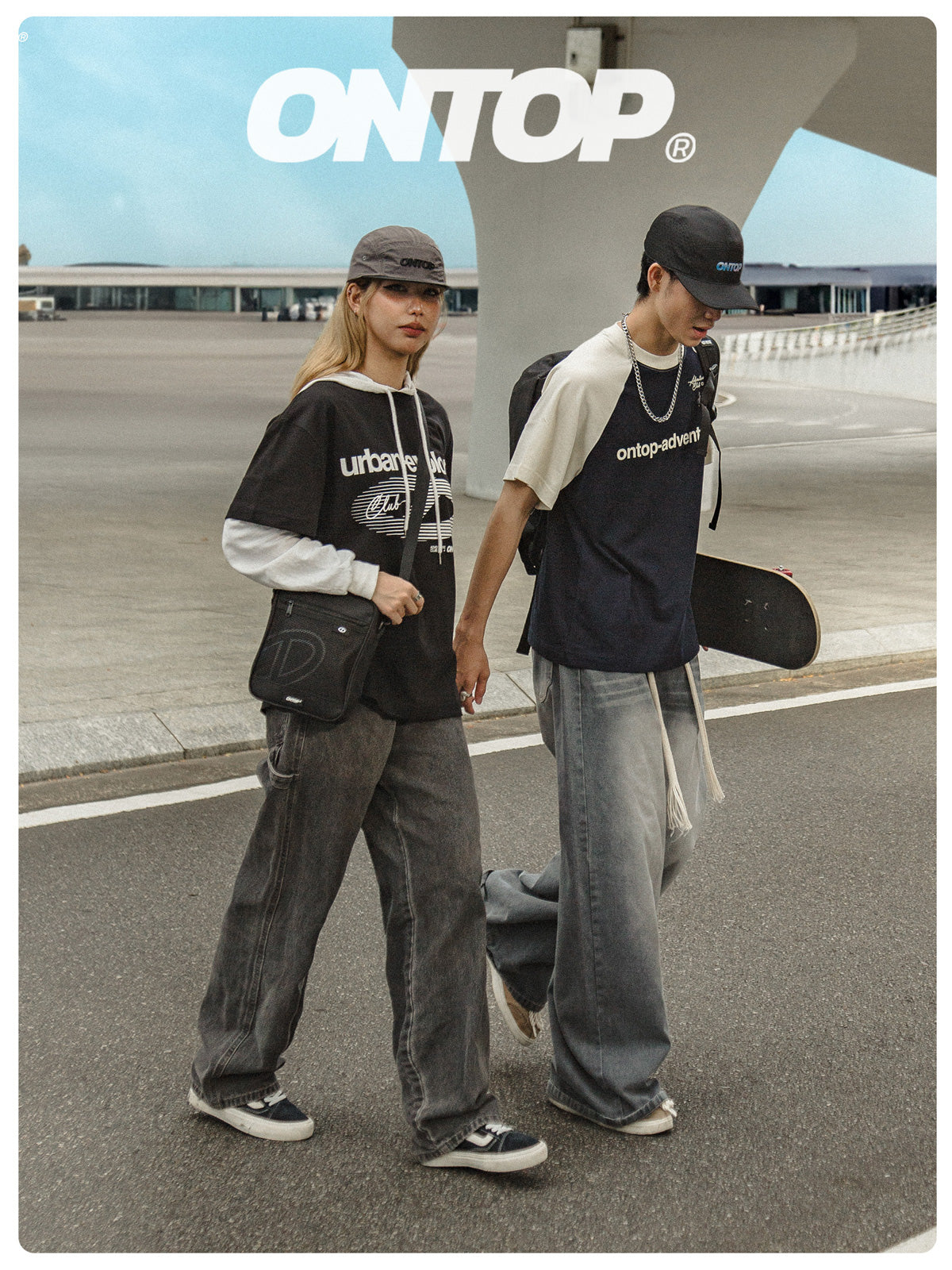 Two people walking on a street with 'ONTOP' branding in the background.
