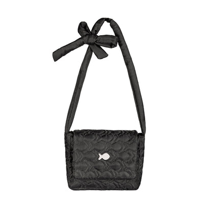 Black quilted handbag with a bow on a white background