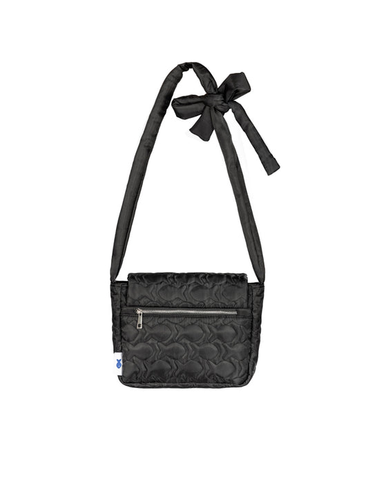Black crossbody bag with a bow on a white background