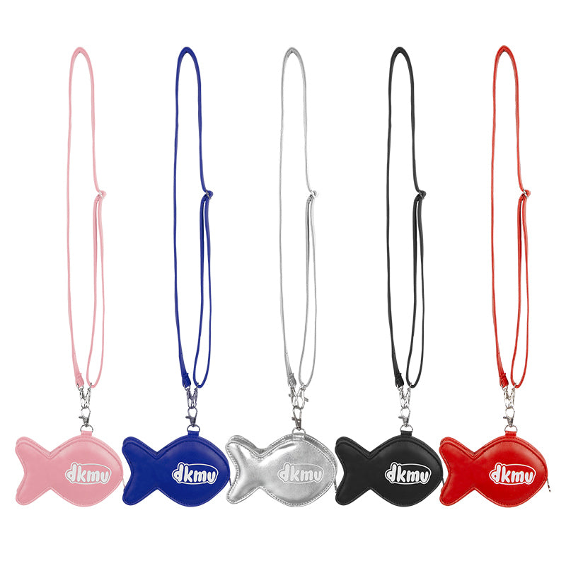 Five fish-shaped phone charms in pink, blue, silver, black, and red with 'dkmy' branding on a white background.
