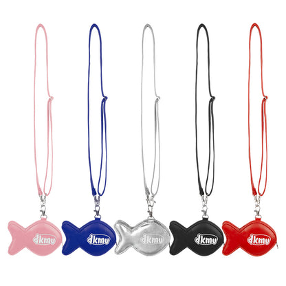 Five fish-shaped phone charms in pink, blue, silver, black, and red with 'dkmy' branding on a white background.