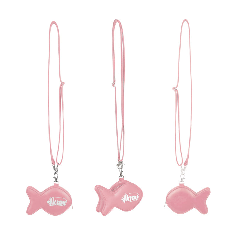 Three pink fish-shaped charms with a brand logo on a white background