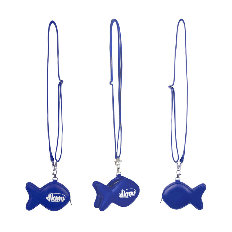 Three blue fish-shaped phone charms with 'dkmy' branding on a white background