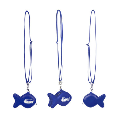 Three blue fish-shaped phone charms with 'dkmy' branding on a white background