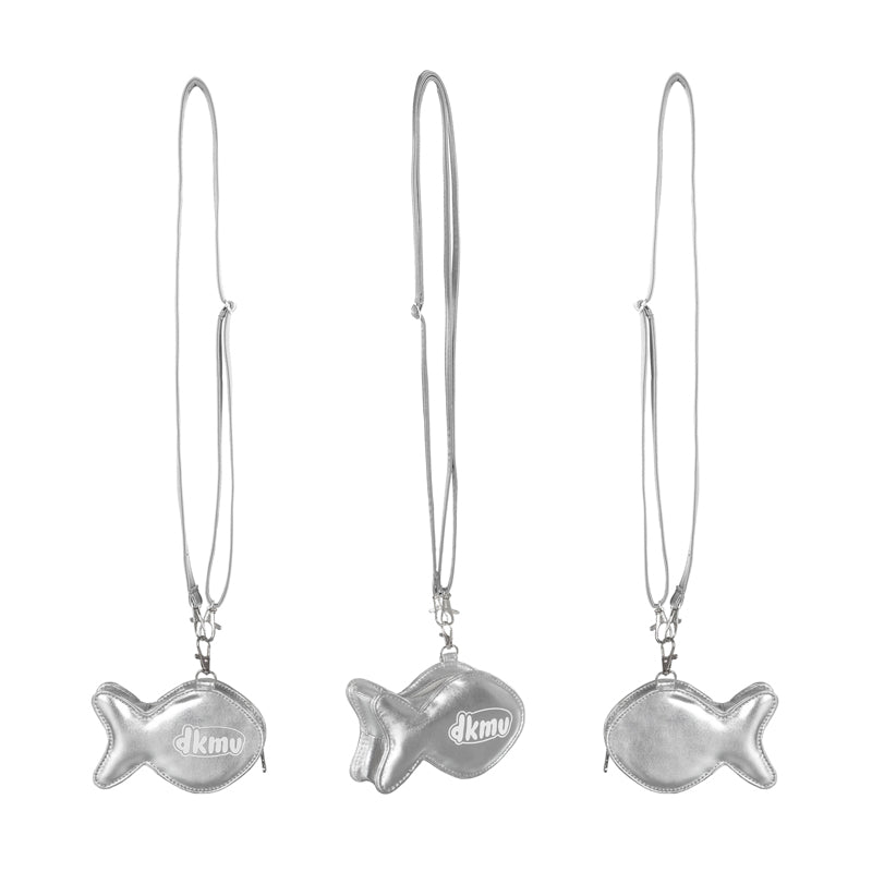 Silver fish-shaped earrings with 'dkny' logo on a white background