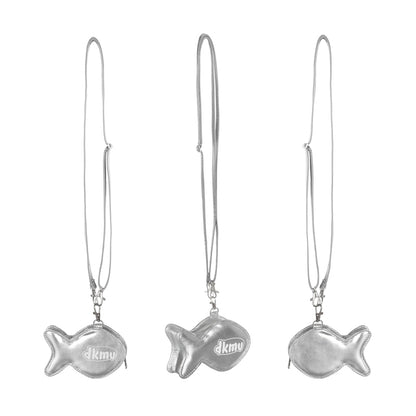 Silver fish-shaped earrings with 'dkny' logo on a white background