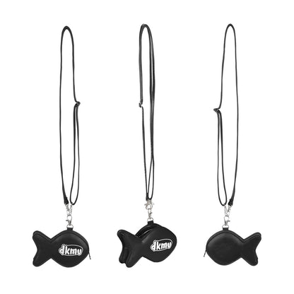 Three black fish-shaped phone charms with 'dkmy' branding on a white background