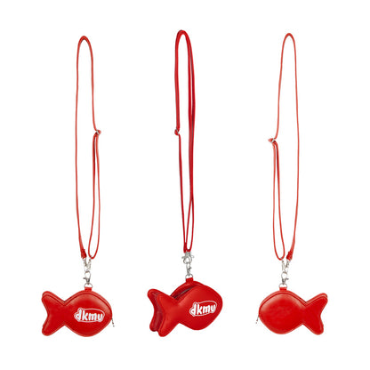 Three red fish-shaped dkmv keychains on white background