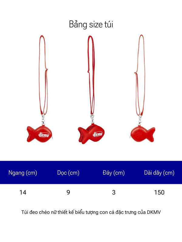 Size chart for red fish-shaped bags with DKMY logo on a white background