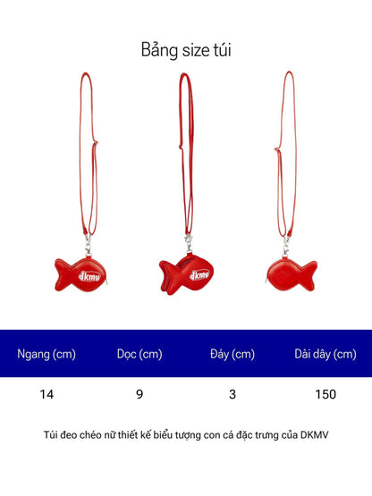 Size chart for red fish-shaped bags with DKMY logo on a white background