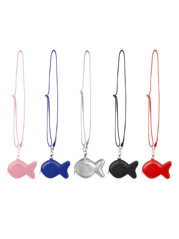 Five fish-shaped charms on strings in pink, blue, silver, black, and red against a white background.