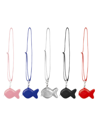 Five fish-shaped charms on strings in pink, blue, silver, black, and red against a white background.