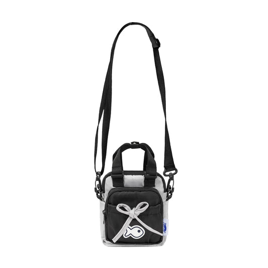 Small black bag with a transparent front section on a white background