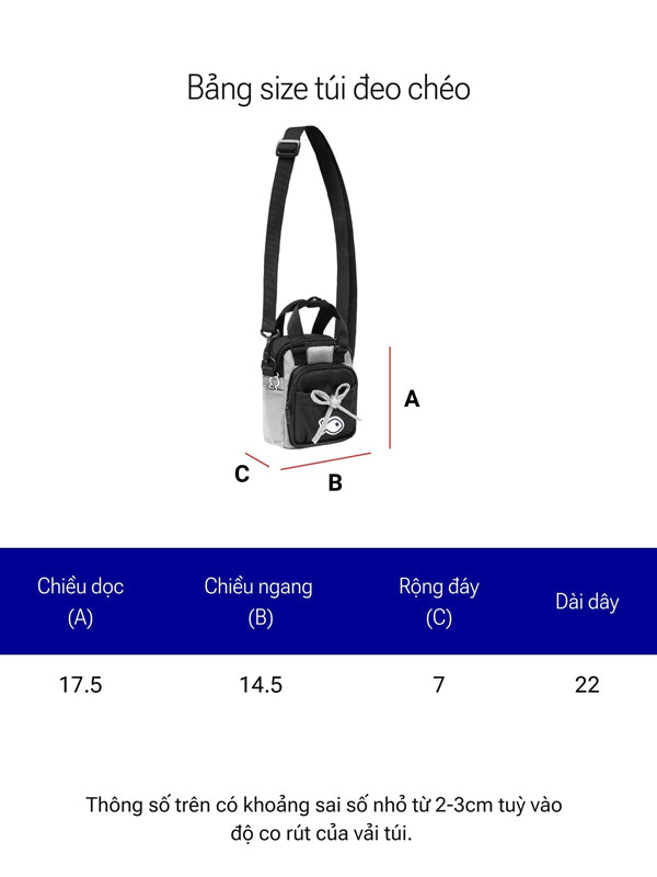 Measurement chart for a crossbody bag with dimensions labeled.