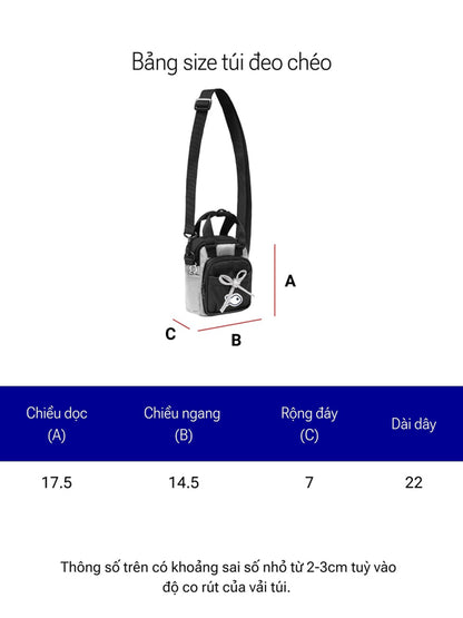 Measurement chart for a crossbody bag with dimensions labeled.