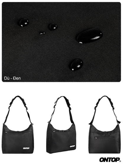 Black shoulder bag with ONTOP branding on a white background