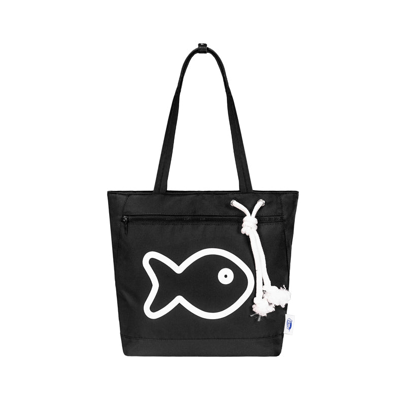Black tote bag with a white fish design on a white background