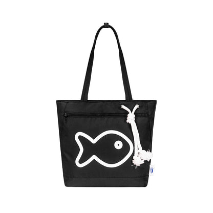 Black tote bag with a white fish design on a white background