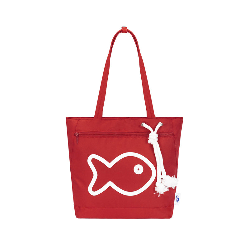 Red tote bag with a white fish design on a white background