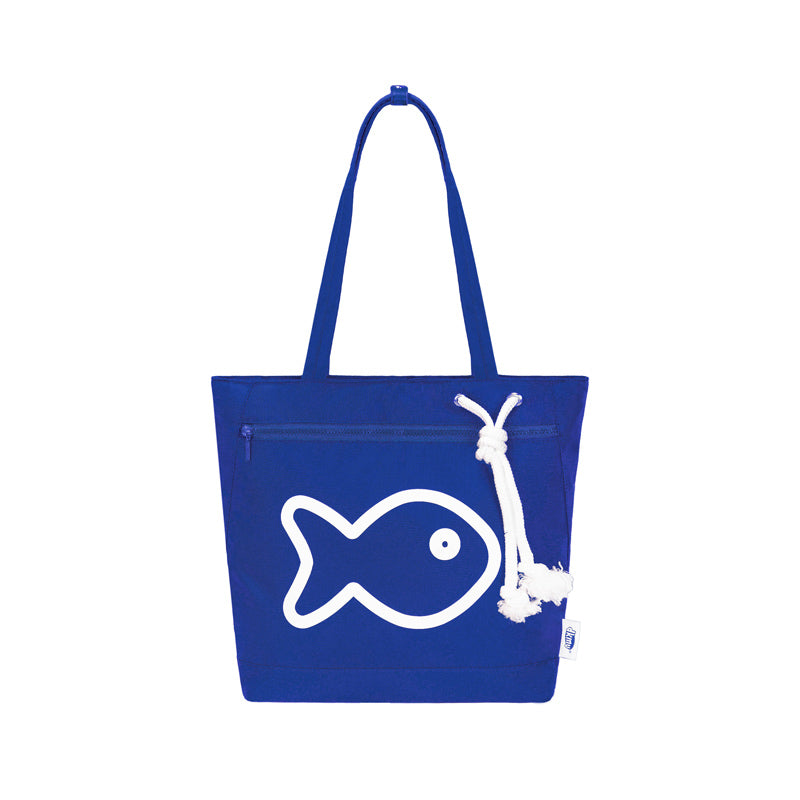 Blue tote bag with white fish design on a white background