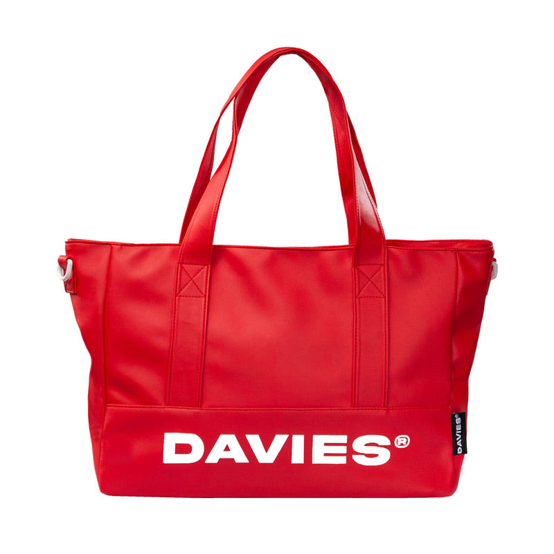 Red tote bag with 'DAVIES' logo on a white background