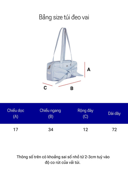 Measurement chart for a shoulder bag with dimensions labeled.