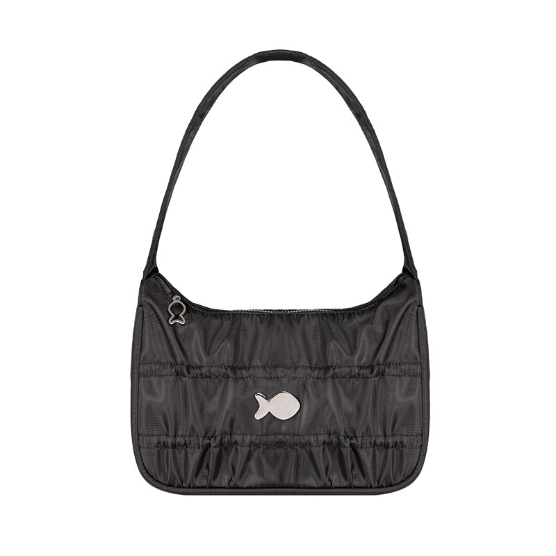 Black shoulder bag with a small white logo on a white background