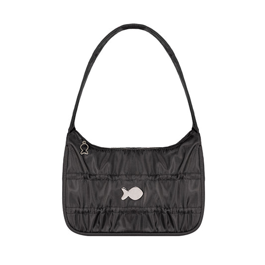 Black shoulder bag with a small white logo on a white background