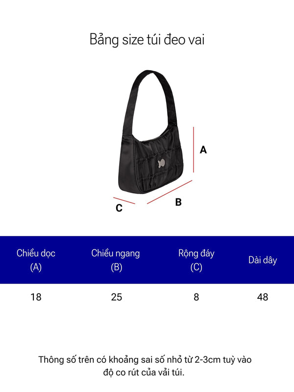 Black shoulder bag with measurement chart on a white background