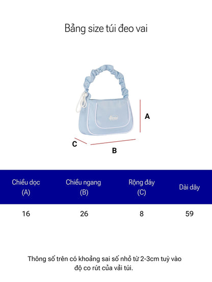 Measurement chart for a shoulder bag with dimensions labeled