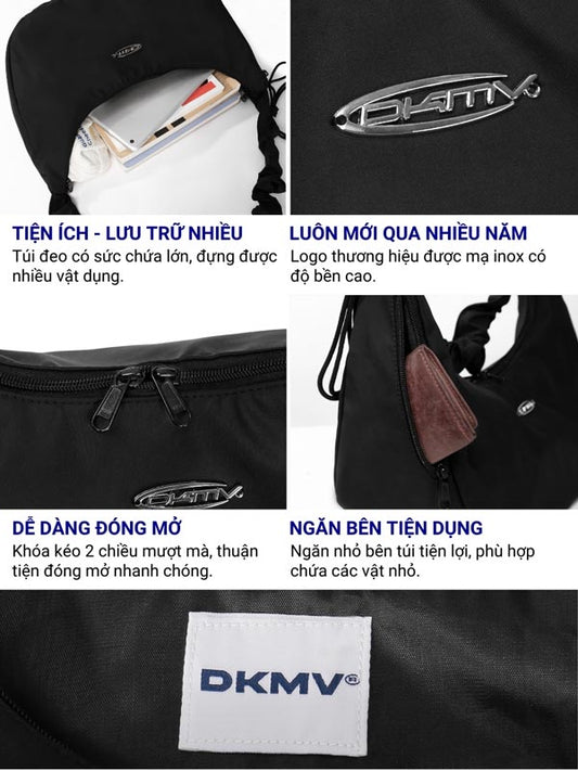 Black bag with DKMV branding, showing features and design details.