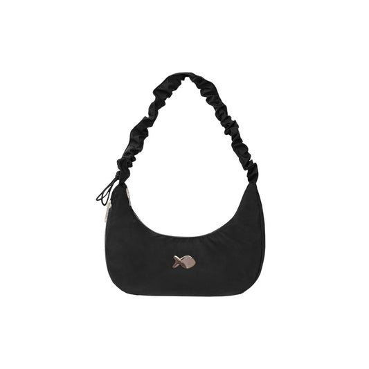 Black handbag with braided handle on a white background