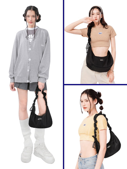 Three images of a person wearing a black backpack in different poses on a white background.