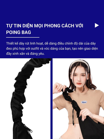 Woman using a black hair extension with text in Vietnamese about a hair bag product.