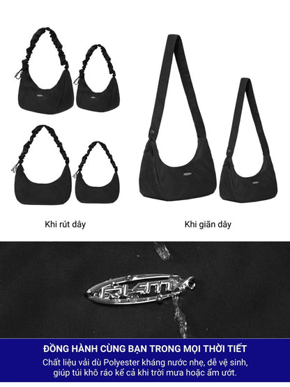 Black handbag shown in two states: pulled and stretched, with a brand logo at the bottom.