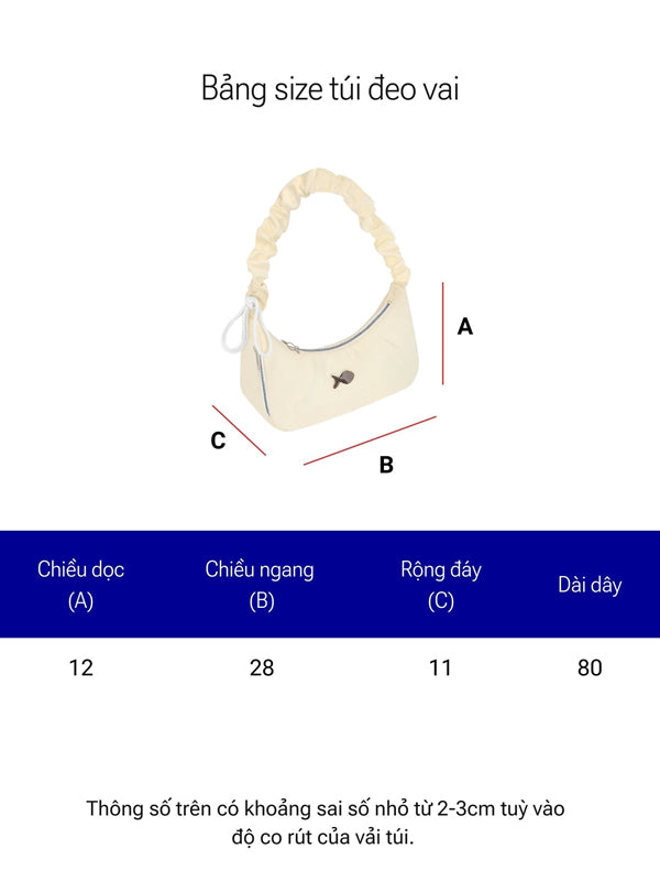 Measurement chart for a shoulder bag with dimensions labeled.