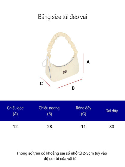 Measurement chart for a shoulder bag with dimensions labeled.