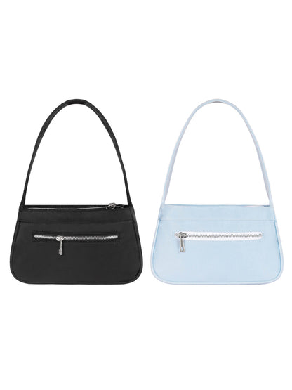 Black and light blue handbags with zippers on a white background