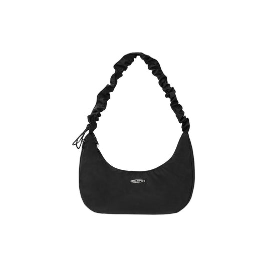 Black shoulder bag with braided handle on a white background