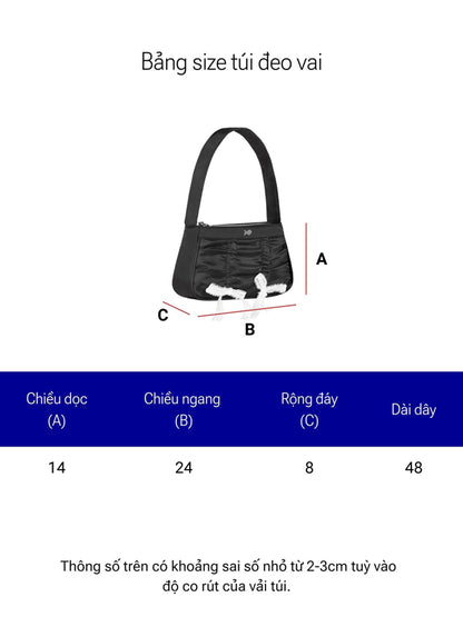 Measurement chart for a shoulder bag with dimensions labeled.