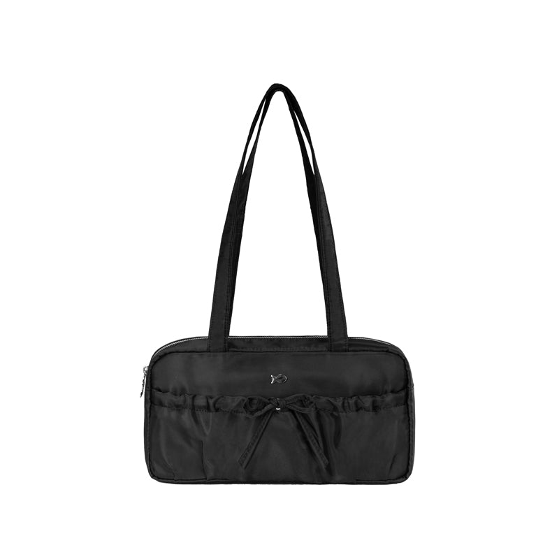 Black handbag with a bow detail on a white background