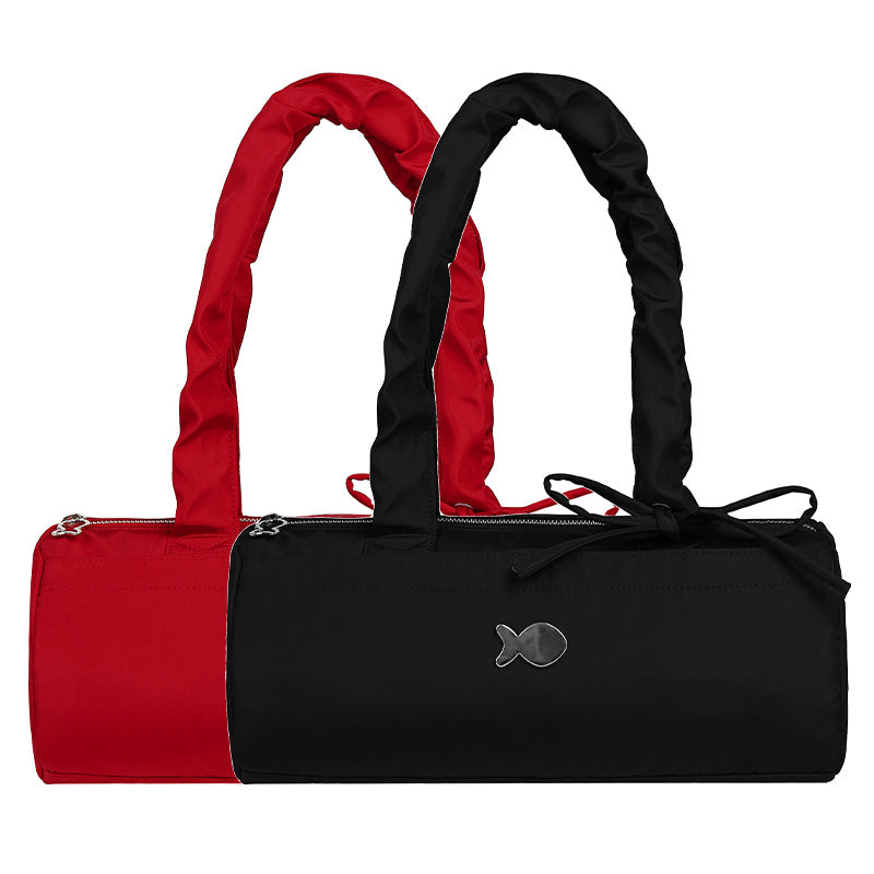 Black and red duffel bag with a fish logo on a white background