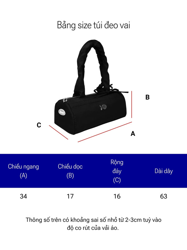 Measurement chart for a black shoulder bag with dimensions labeled.