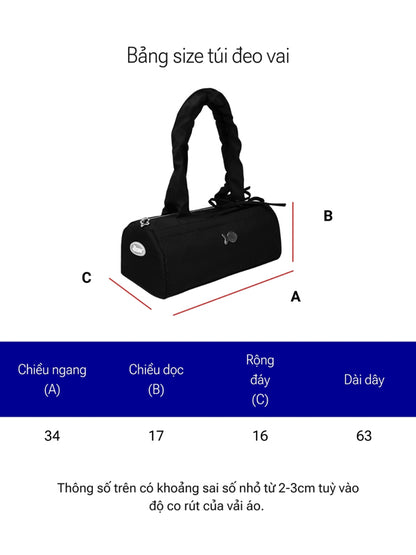 Measurement chart for a black shoulder bag with dimensions labeled.